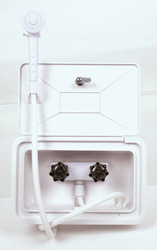 Lockable Camper Service Hatch with Hot & Cold Shower Connection