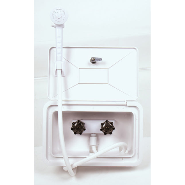 Lockable Camper Service Hatch with Hot & Cold Shower Connection