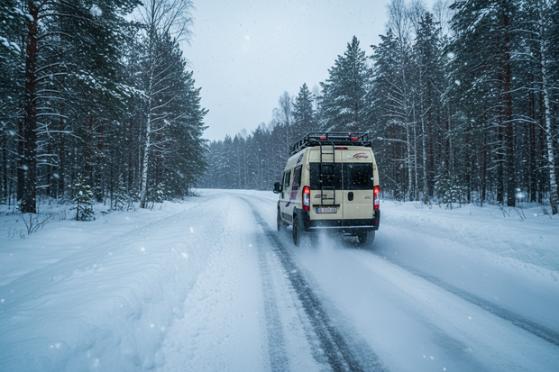 campervan ducato riding on an icey road in the snow